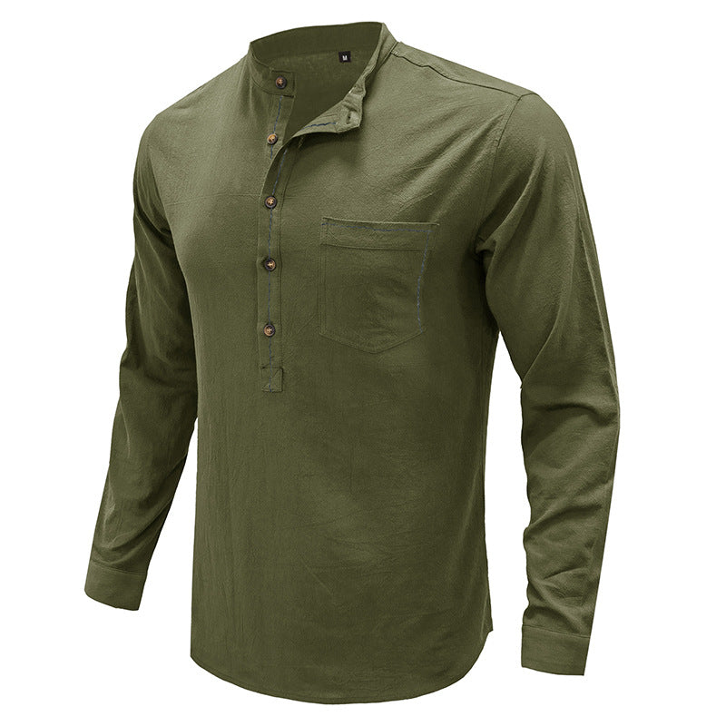 Autumn and winter small stand-up collar cotton and linen shirt, men's long-sleeved top, loose linen shirt