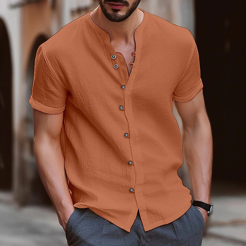 New Fashion Men's Retro Button Cotton and Linen Casual Short Sleeve Shirt