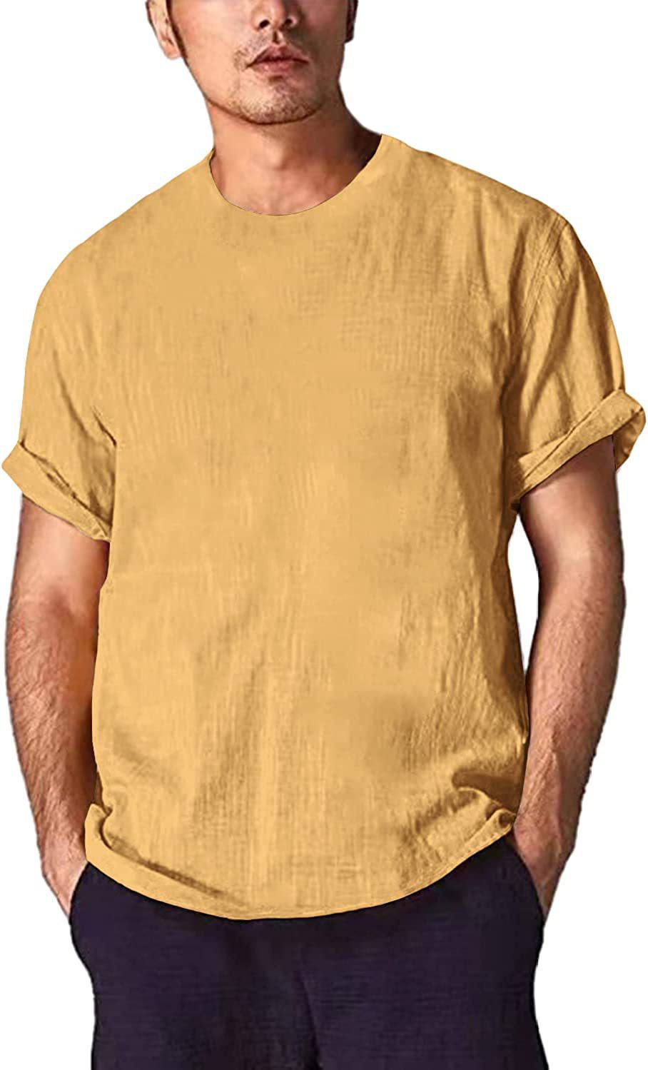 Men's cotton and linen T-shirt solid color round neck short sleeve