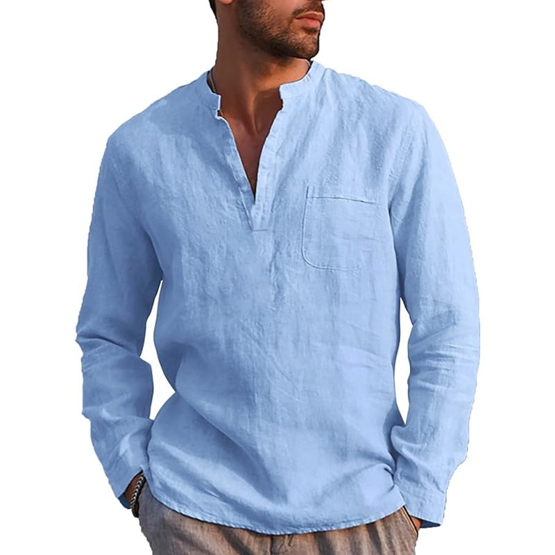 Men's Linen Cotton Henley Casual Long Sleeve Beach Shirt