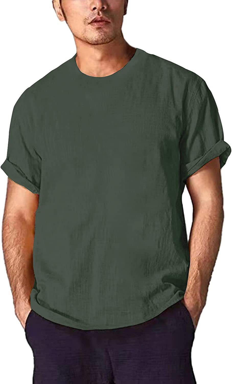 Men's cotton and linen T-shirt solid color round neck short sleeve