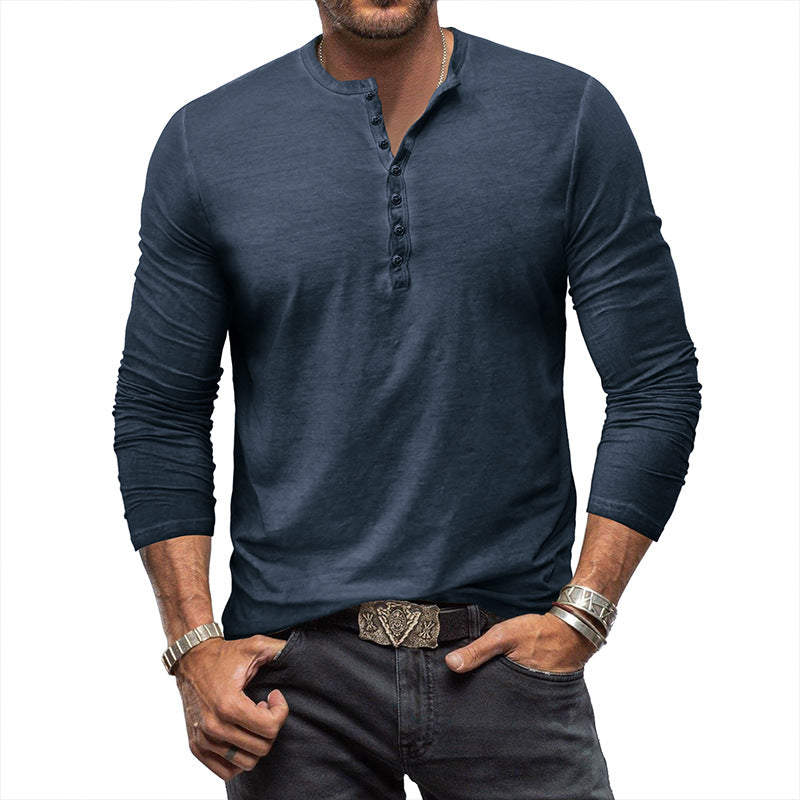 Men's Distressed Vintage Long Sleeve T-Shirt Men's Button Washed Distressed V-Neck T-Shirt Top