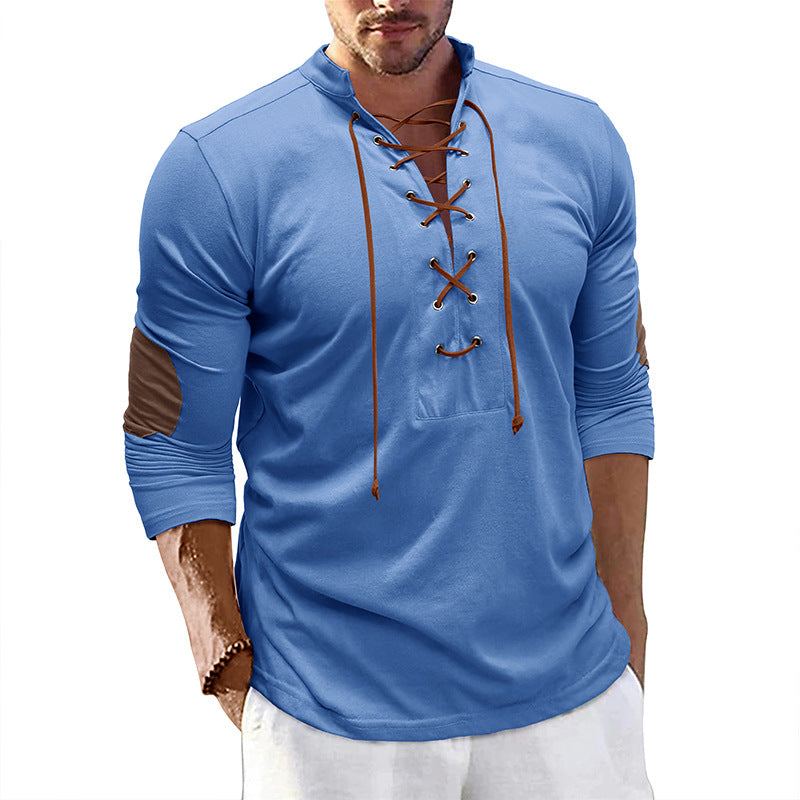 Men's long-sleeved tie stand collar retro men's t-shirt outdoor sports bottoming shirt top