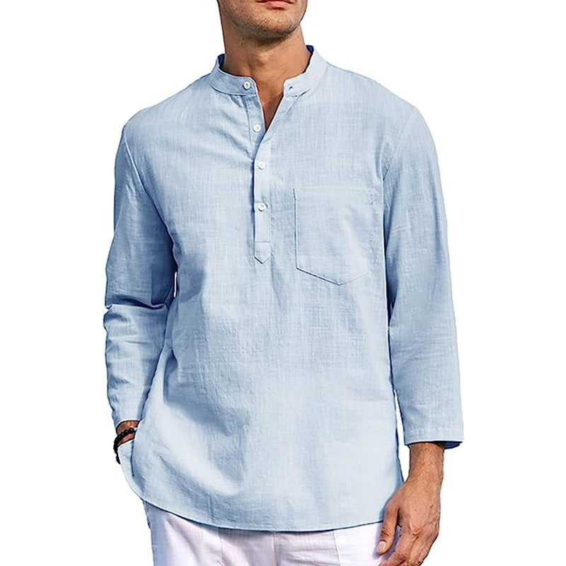 Men's Linen T-Shirt Long Sleeve Shirt Cotton Button Casual T-Shirt Tops