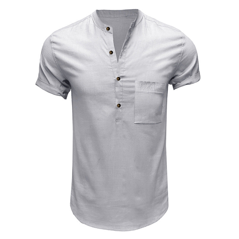 Solid color pocket short-sleeved shirt Men's cotton and linen shirt