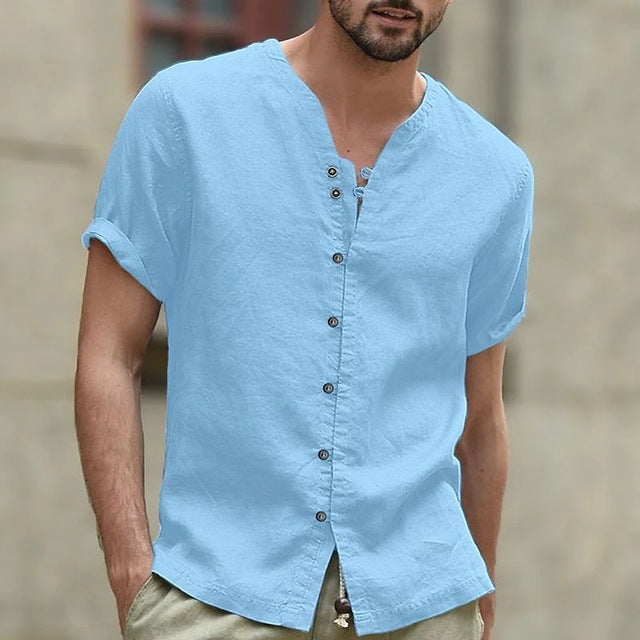 Men's Casual Cotton Linen Shirt Small Turtleneck Solid Color V-Neck Short Sleeve Loose New Style Tops