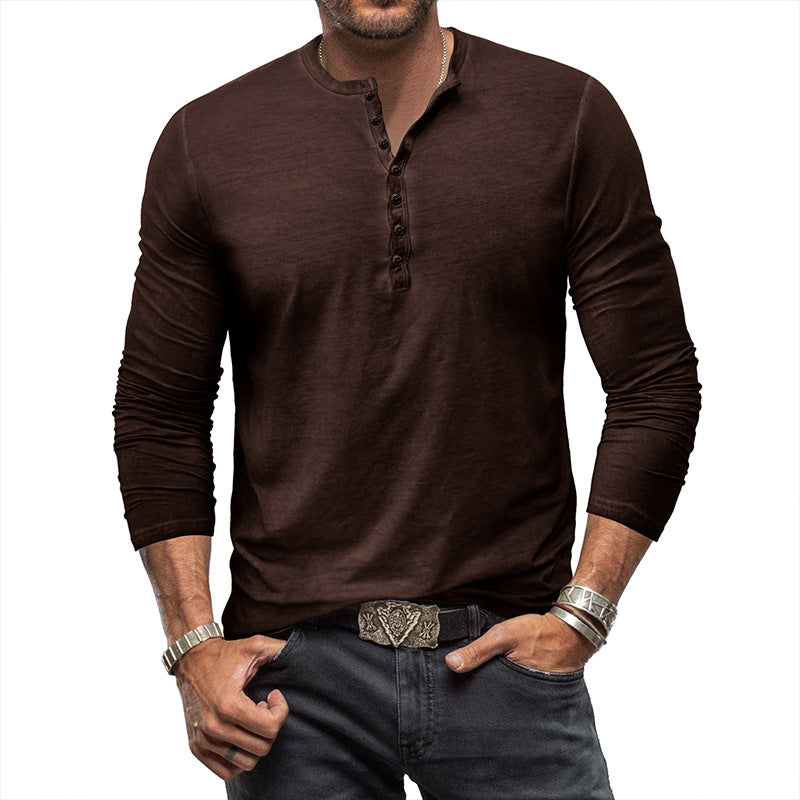 Men's Distressed Vintage Long Sleeve T-Shirt Men's Button Washed Distressed V-Neck T-Shirt Top