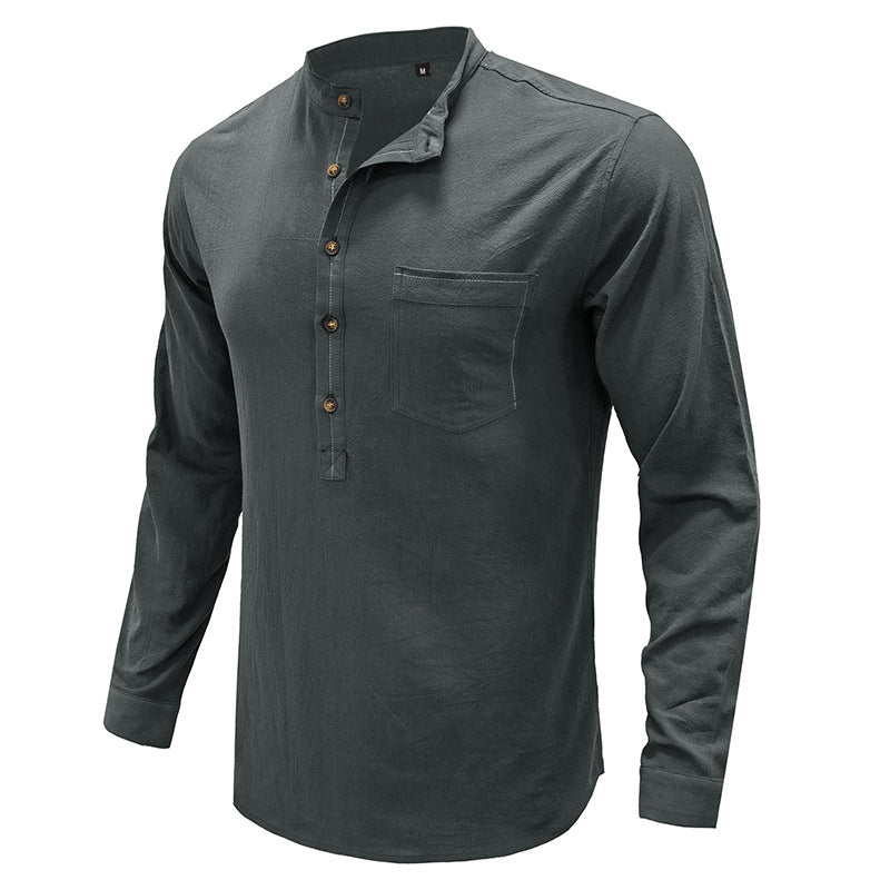 Autumn and winter small stand-up collar cotton and linen shirt, men's long-sleeved top, loose linen shirt