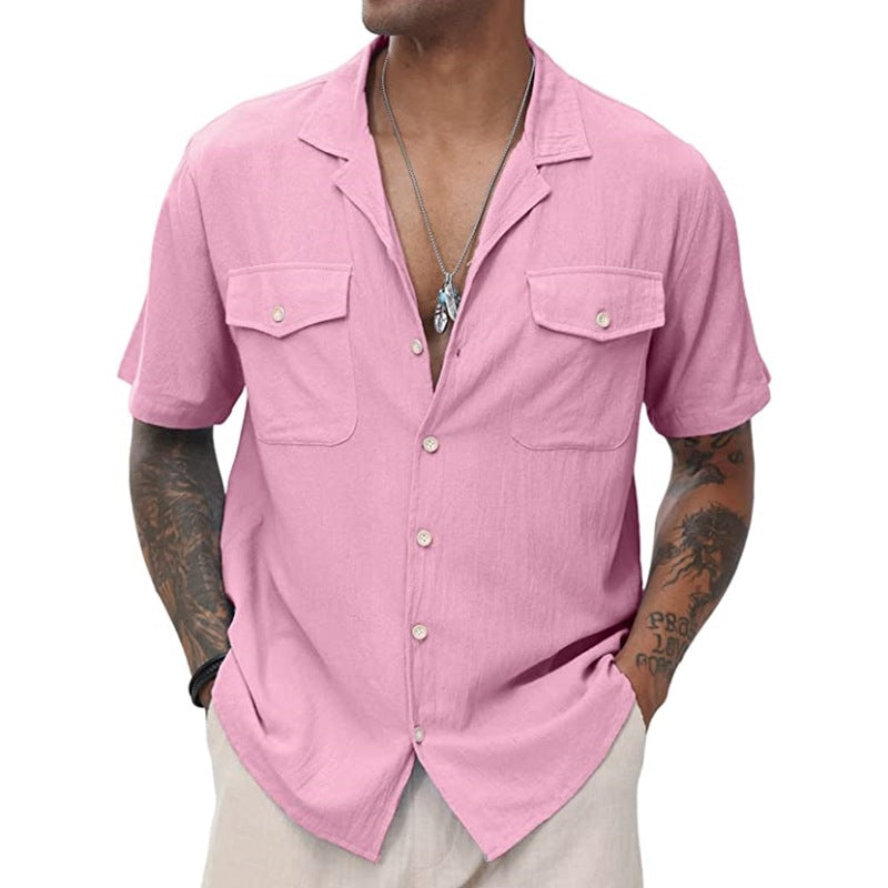 New Men's Casual Cardigan Short Sleeve Double Pocket Shirt Cotton Linen Shirt Button Shirt Summer