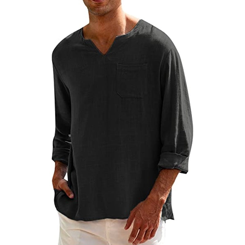 Men's long sleeve V-neck casual beach linen shirt