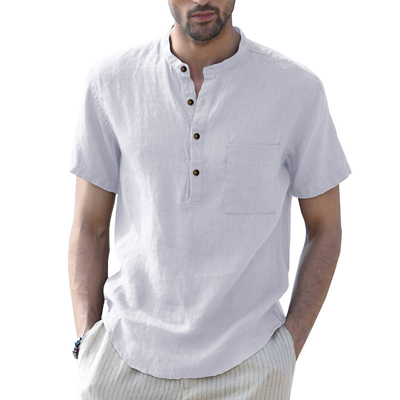 Solid color pocket short-sleeved shirt Men's cotton and linen shirt