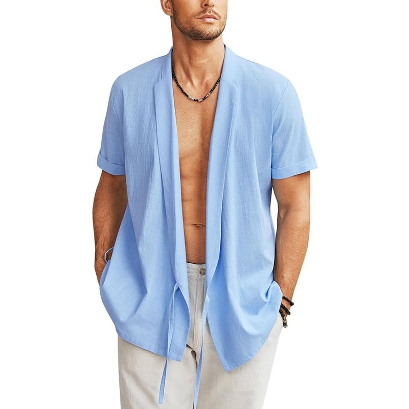 Men's Beach Shirt Cardigan Jacket Light Linen Short Sleeve Front Open Casual Shirt