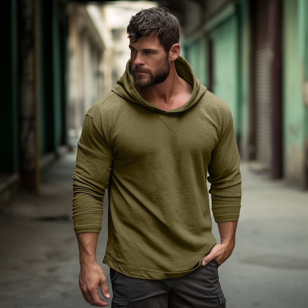 Autumn and winter solid color men's long-sleeved T-shirt men's clothing pure cotton hooded bottoming shirt outdoor tops