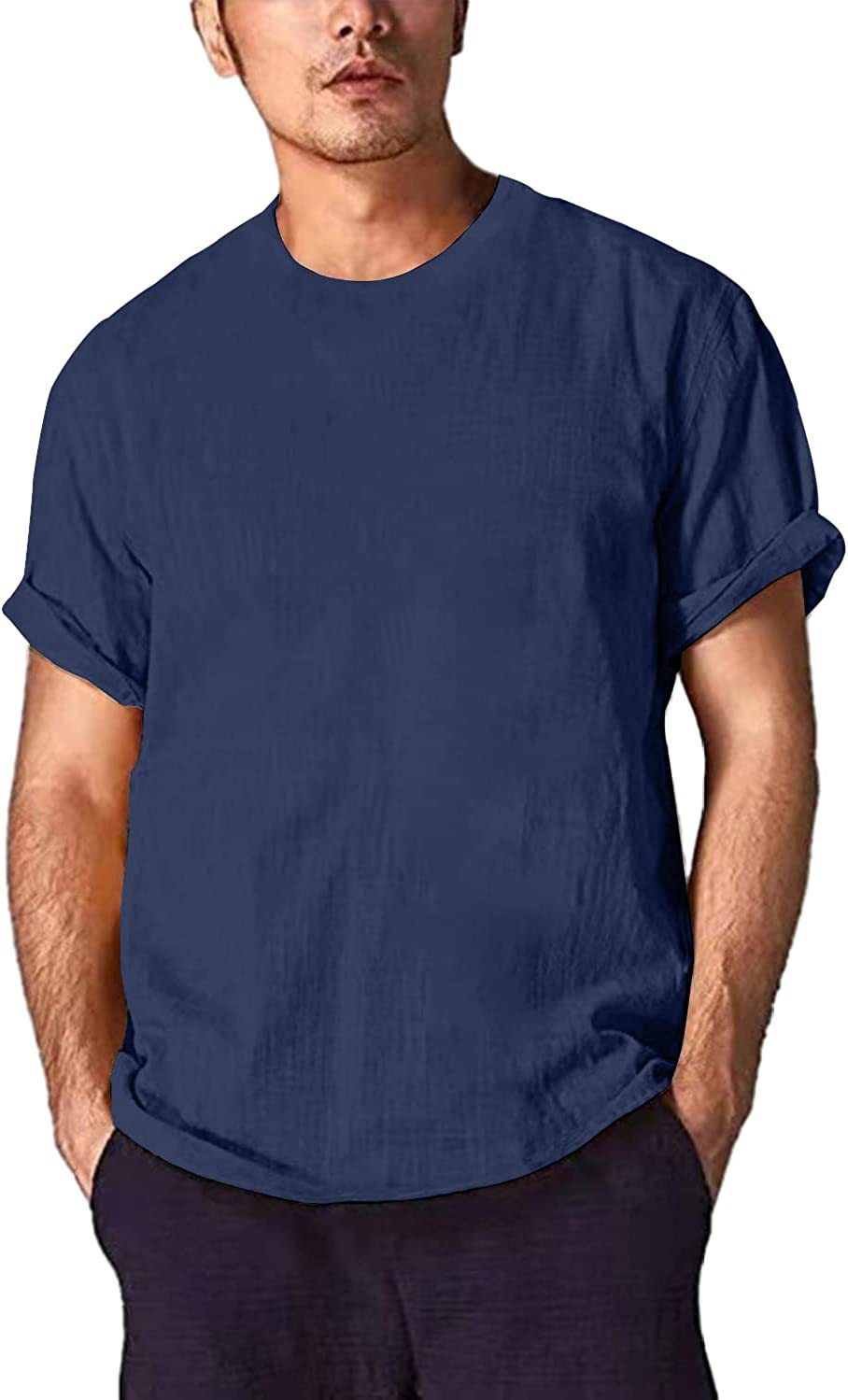 Men's cotton and linen T-shirt solid color round neck short sleeve