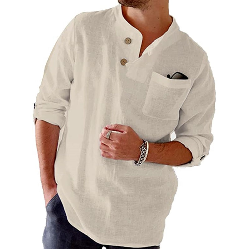 New cotton and linen loose casual solid color men's button-down long-sleeved shirt