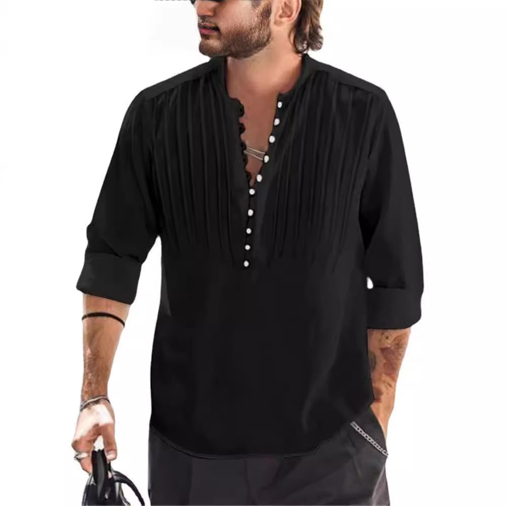 Spring and Autumn Men's Cotton and Linen Pleated Casual Slim Fit Long Sleeve Shirt