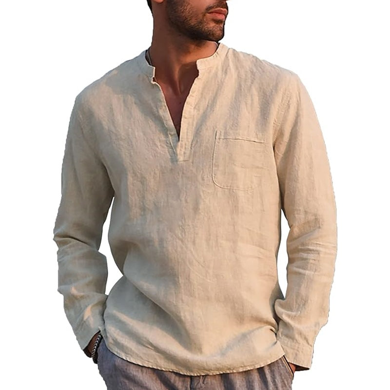 Men's Linen Cotton Henley Casual Long Sleeve Beach Shirt