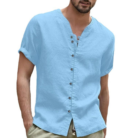 Men's Casual Cotton Linen Shirt Small Turtleneck Solid Color V-Neck Short Sleeve Loose New Style Tops