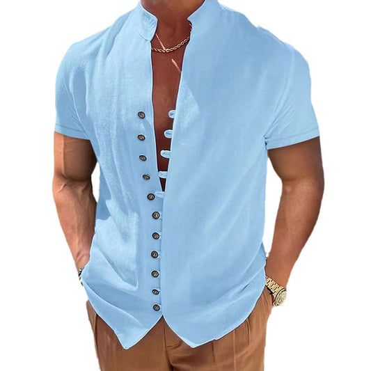 Men's retro cotton and linen button-down short-sleeved shirt with stand-up collar