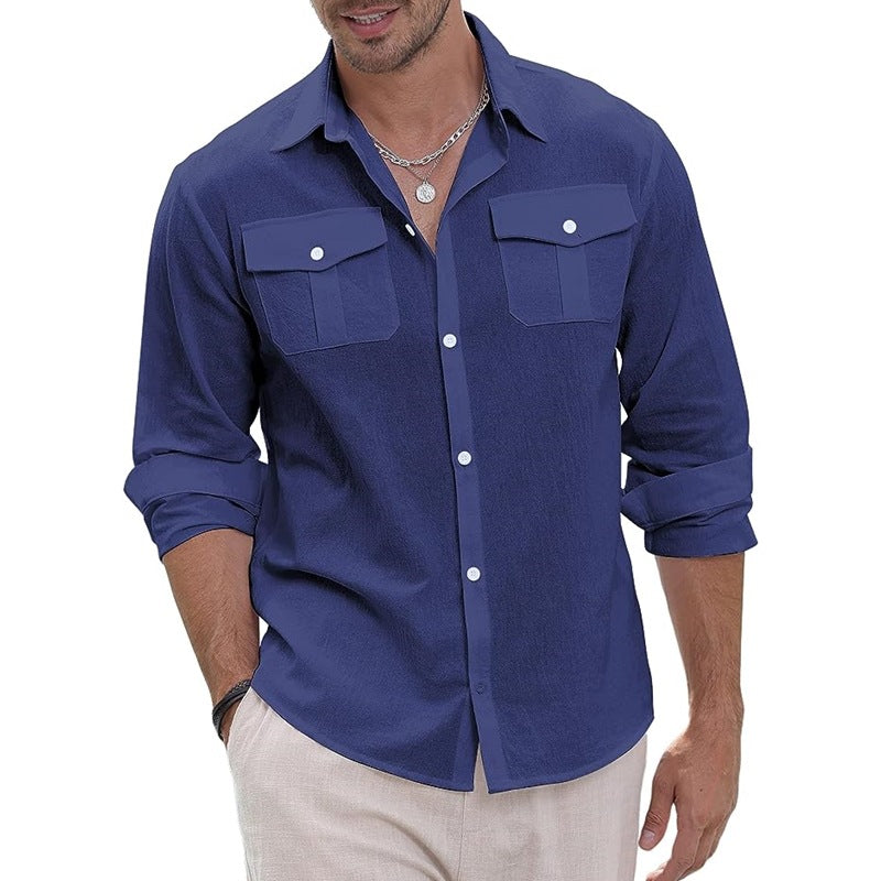 Linen Shirt Button-down Shirt Summer Beach Casual Shirt Solid Color Cotton Long Sleeve Shirt Tops