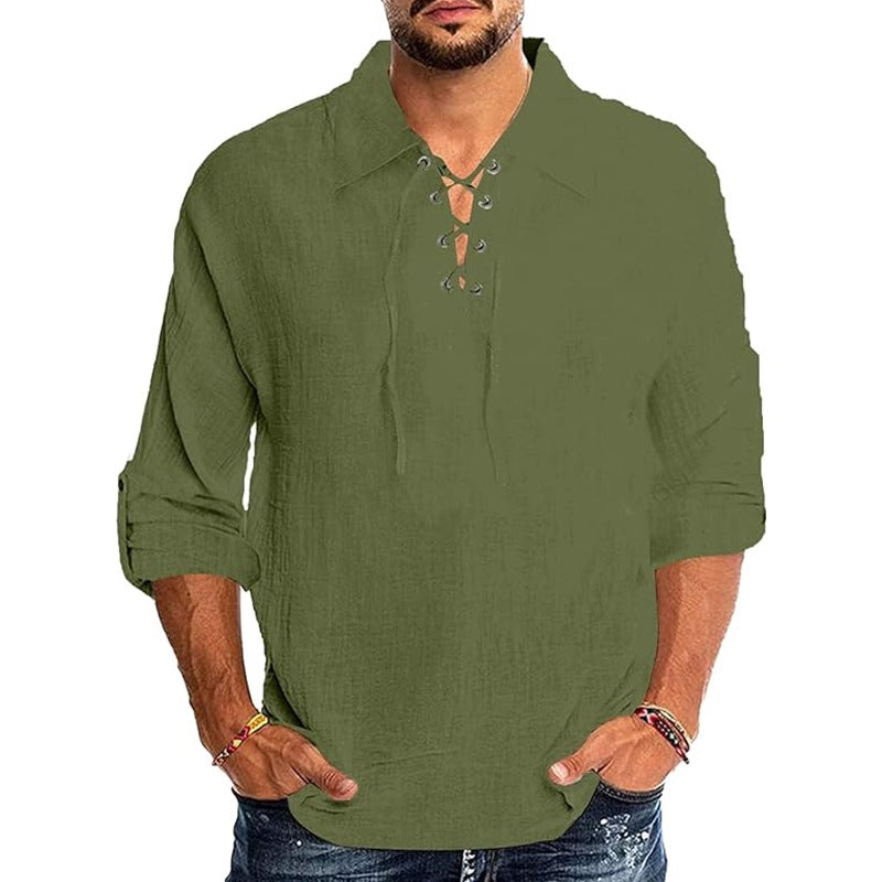 Men's Fashion Cotton and Linen Lace-up Shirt Beach Yoga Top