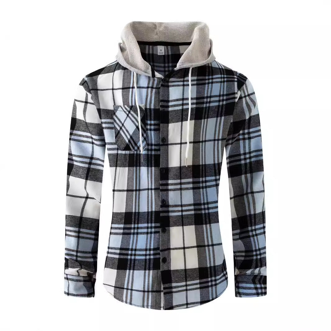 Flannel plaid hooded street casual men's shirt large size