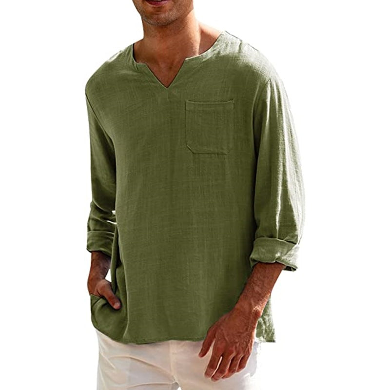 Men's long sleeve V-neck casual beach linen shirt