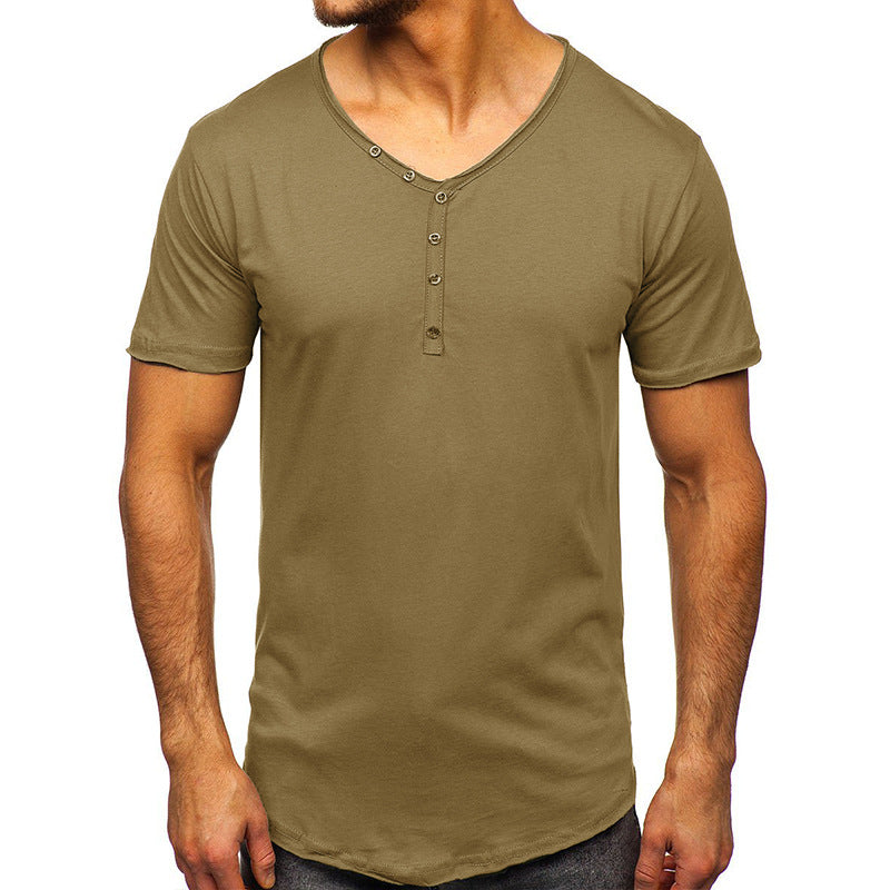 Summer Men's Short Sleeve T-Shirt Clothing V-Neck Henry T-Shirt Men's Tops