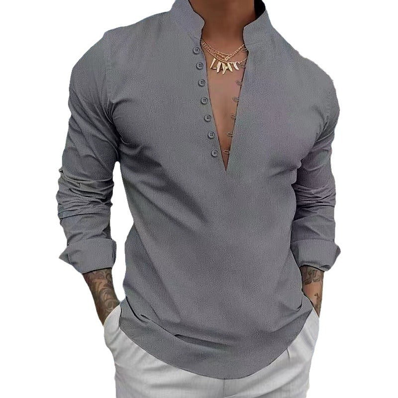 New Men's Retro Cotton and Linen Casual Stand Collar Long Sleeve Shirt