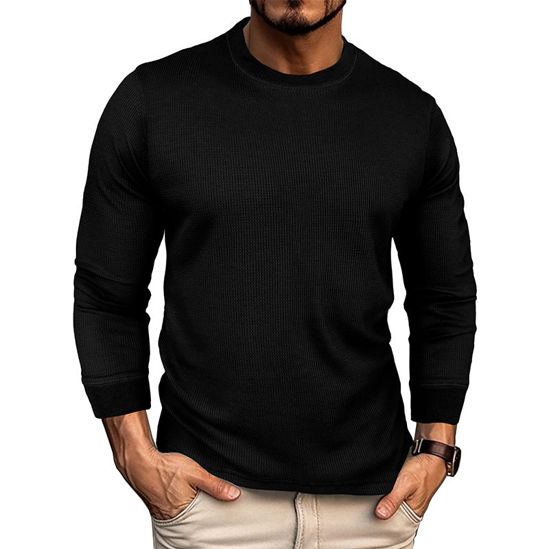 Men's autumn and winter loose round neck long sleeve T-shirt Men's waffle basic T-shirt