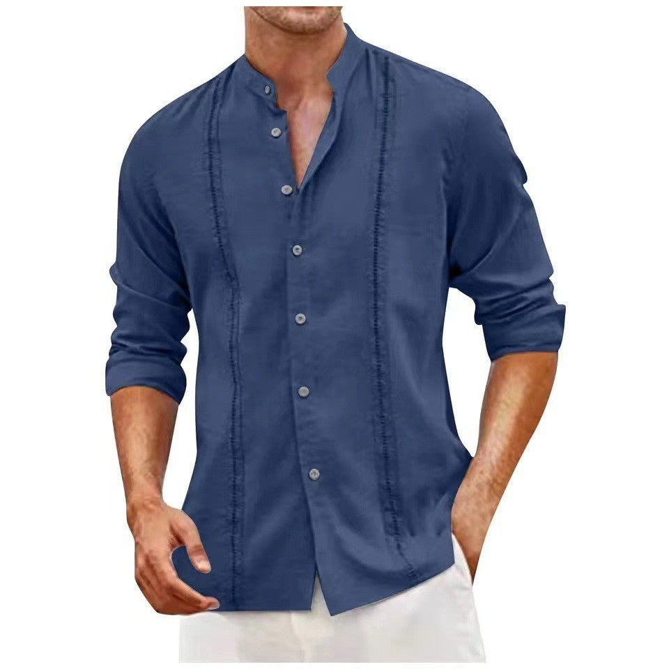 New Men's Youth Cardigan Button Solid Color Casual Stand Collar Long Sleeve Shirt