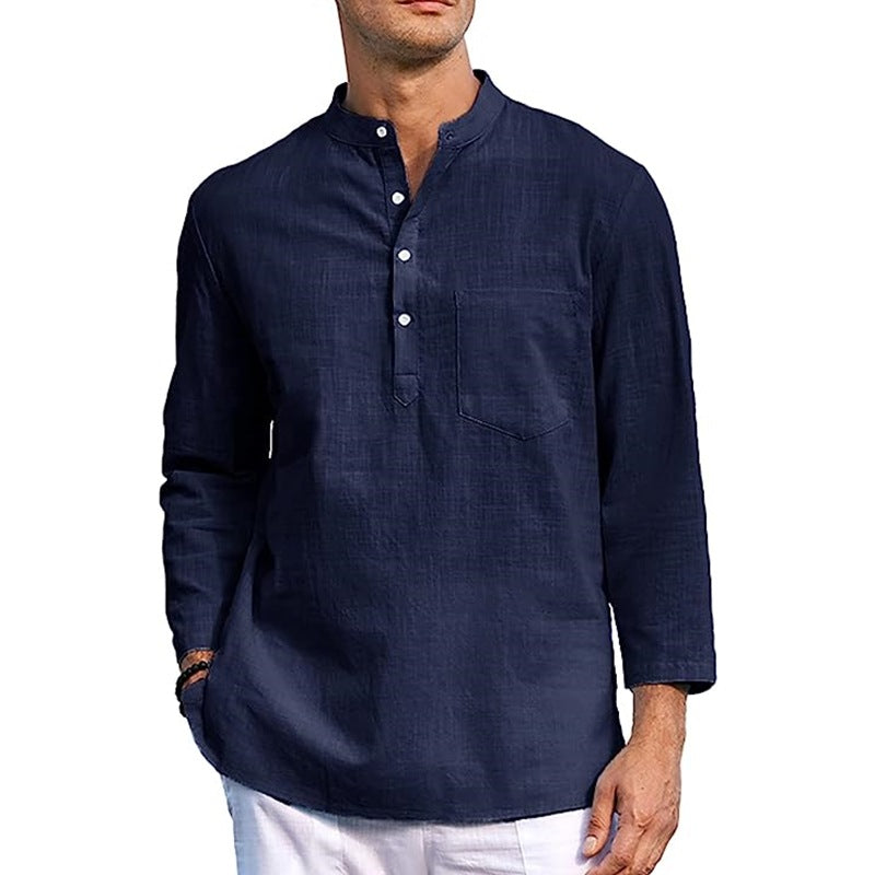 Men's Linen T-Shirt Long Sleeve Shirt Cotton Button Casual T-Shirt Tops