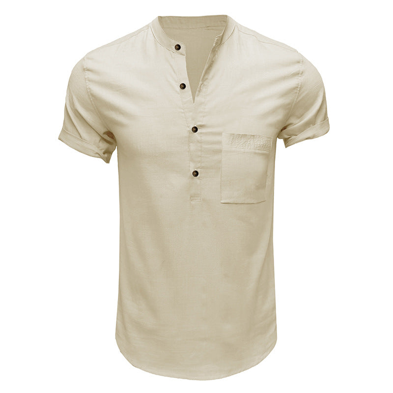 Solid color pocket short-sleeved shirt Men's cotton and linen shirt