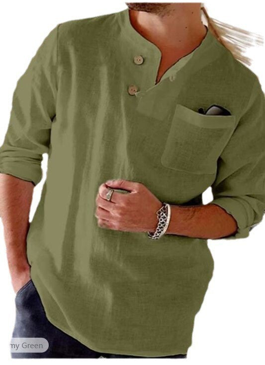 New cotton and linen loose casual solid color men's button-down long-sleeved shirt