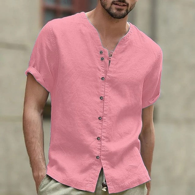 Men's Casual Cotton Linen Shirt Small Turtleneck Solid Color V-Neck Short Sleeve Loose New Style Tops