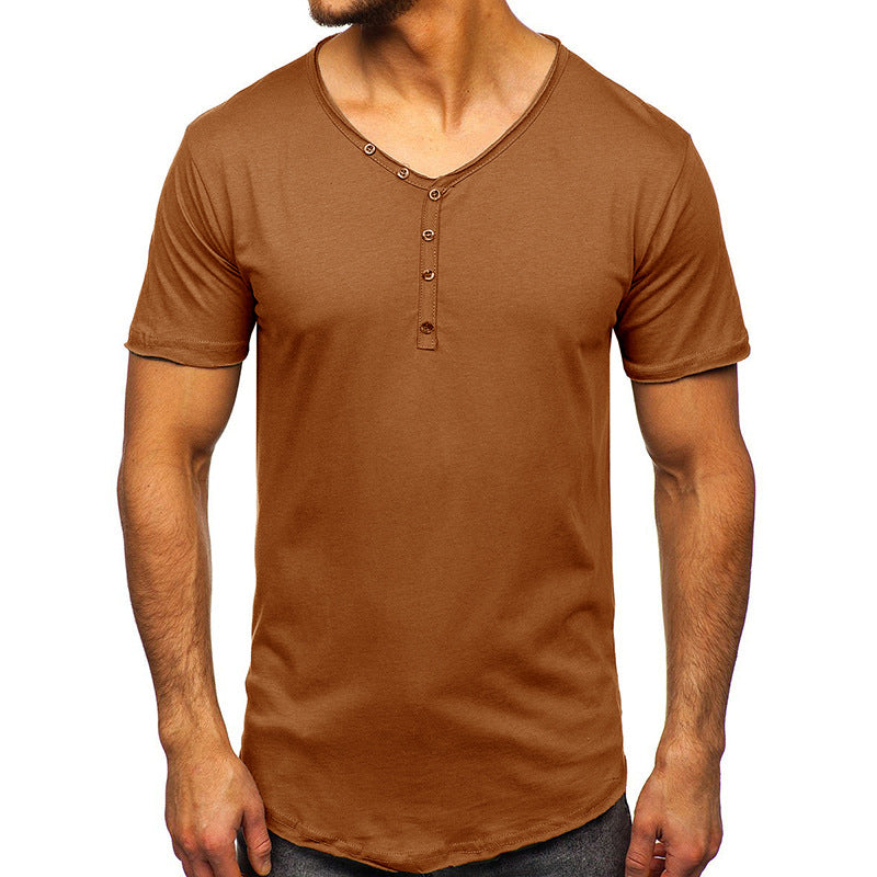 Summer Men's Short Sleeve T-Shirt Clothing V-Neck Henry T-Shirt Men's Tops