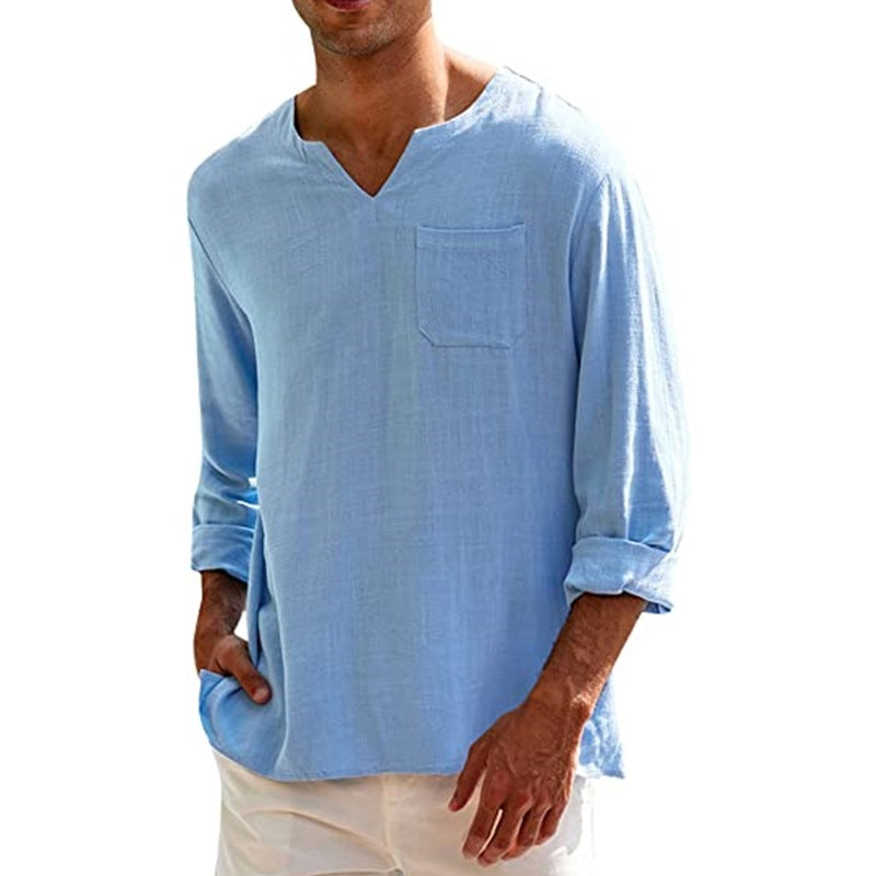 Men's long sleeve V-neck casual beach linen shirt