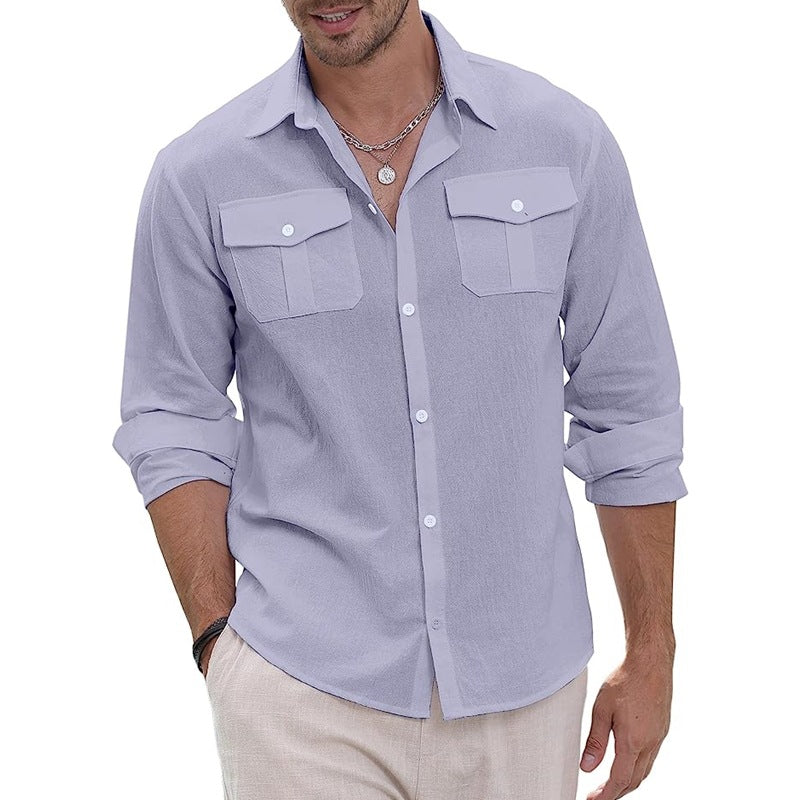 Linen Shirt Button-down Shirt Summer Beach Casual Shirt Solid Color Cotton Long Sleeve Shirt Tops