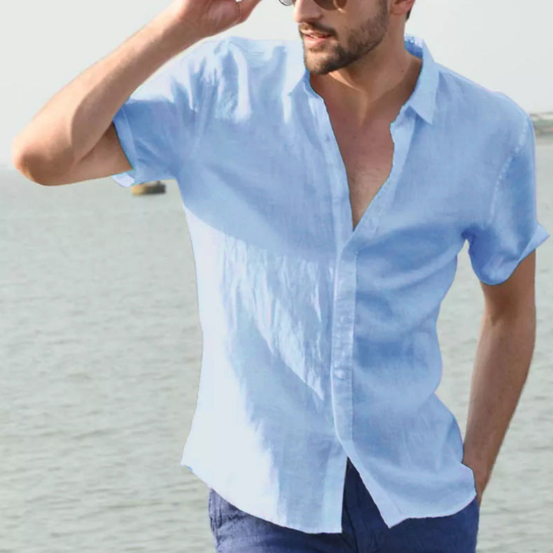 Summer short-sleeved casual cardigan men's shirt men's solid color shirt