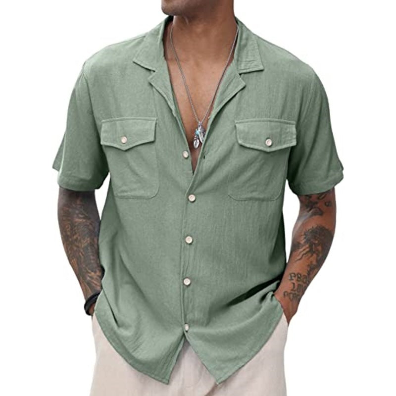 New Men's Casual Cardigan Short Sleeve Double Pocket Shirt Cotton Linen Shirt Button Shirt Summer