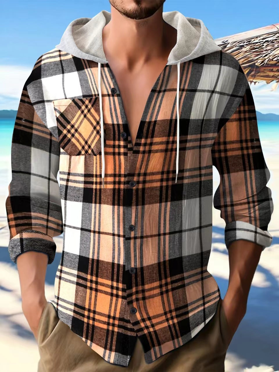 Flannel plaid hooded street casual men's shirt large size