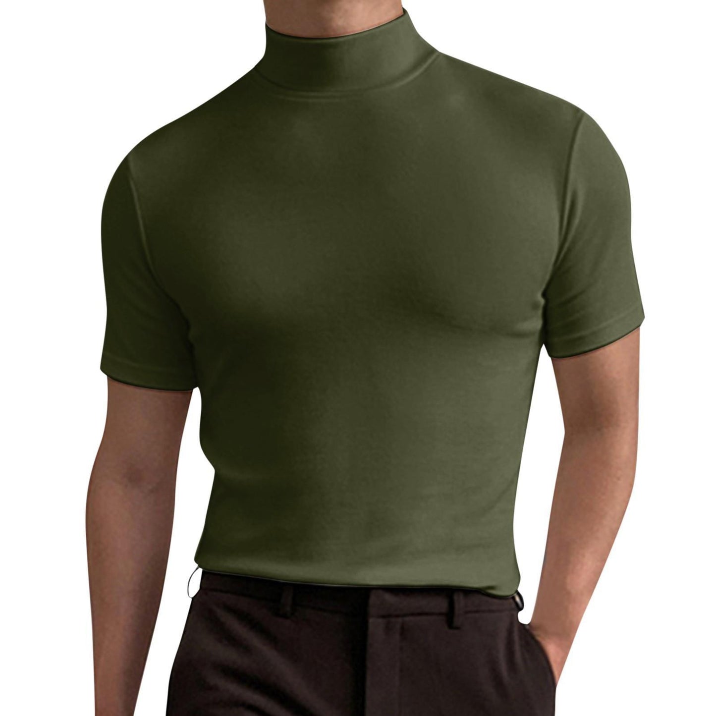 Men's autumn and winter high collar short sleeve T-shirt men's bottoming shirt solid color top