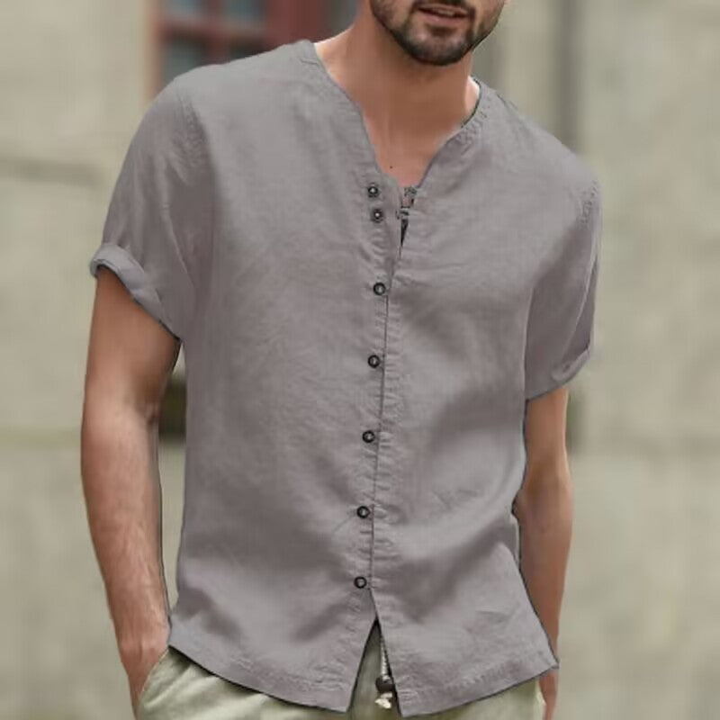 Men's Casual Cotton Linen Shirt Small Turtleneck Solid Color V-Neck Short Sleeve Loose New Style Tops