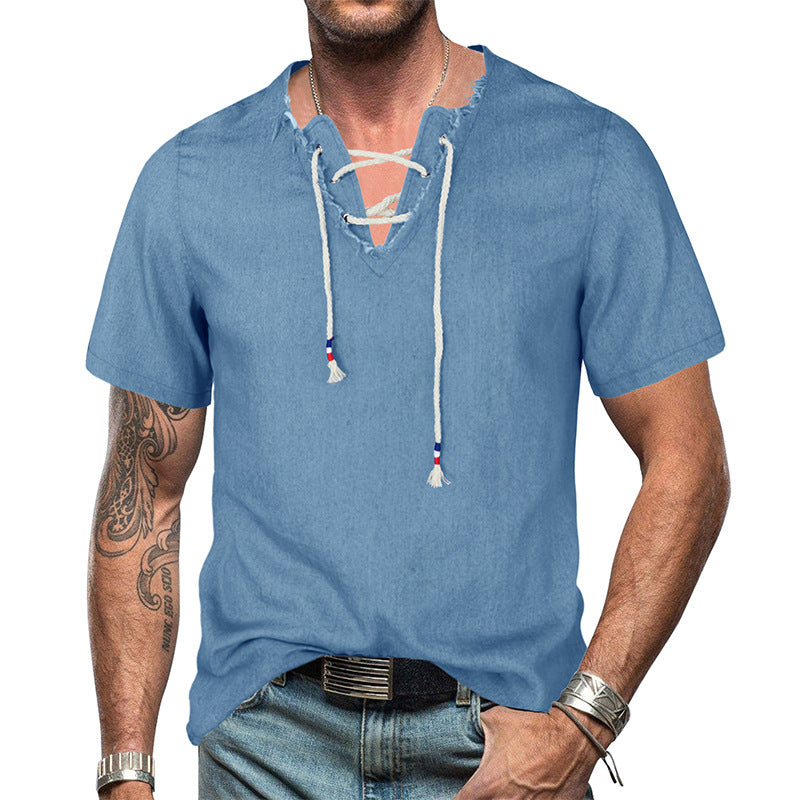 New Men's Denim Shirt Men's V-neck Lace-up Tassel Denim T-shirt Top