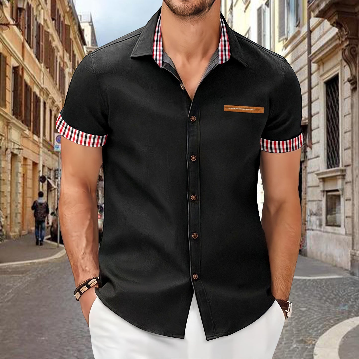 New summer fashion men's plaid color matching short-sleeved business slim casual shirt short-sleeved shirt