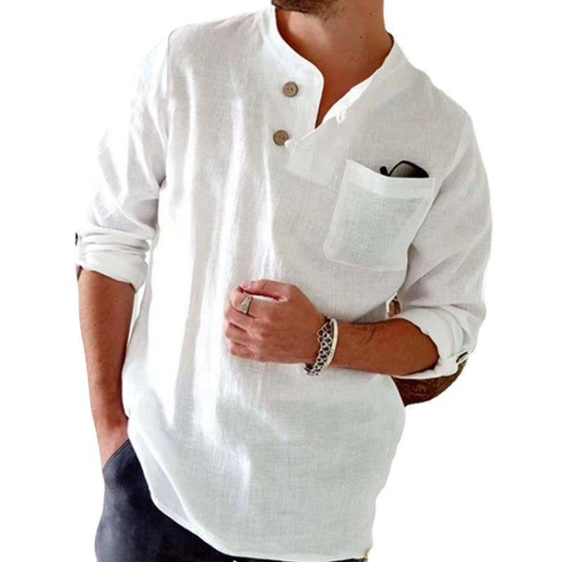 New cotton and linen loose casual solid color men's button-down long-sleeved shirt