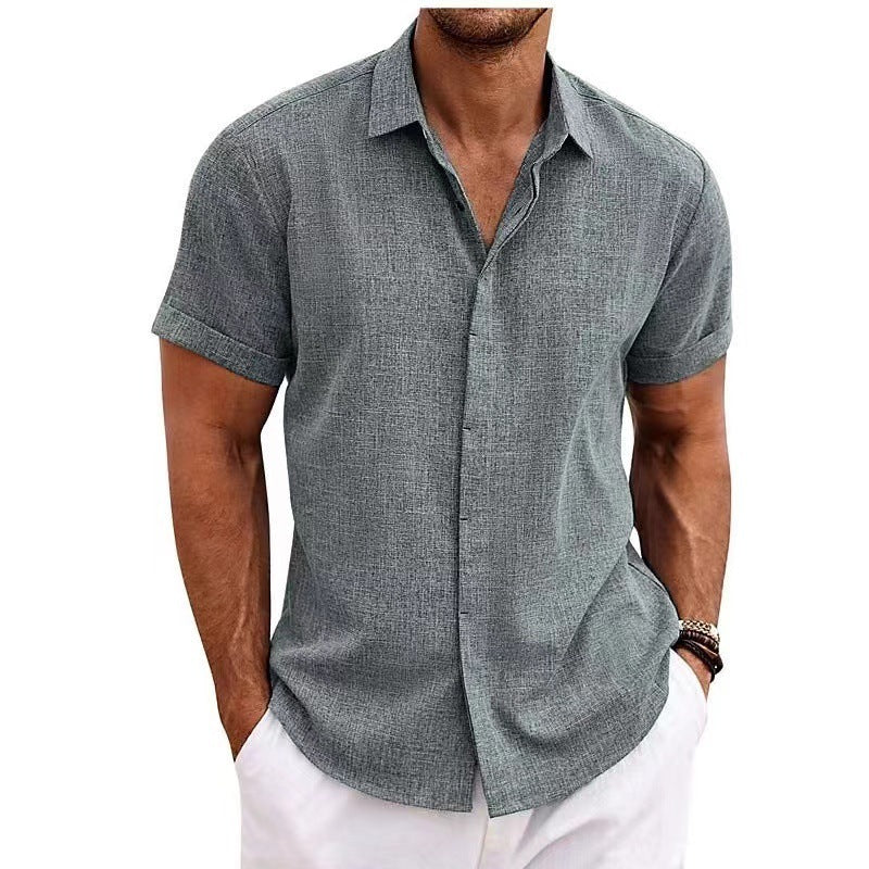 New summer European and American men's shirt solid color short-sleeved lapel shirt tops