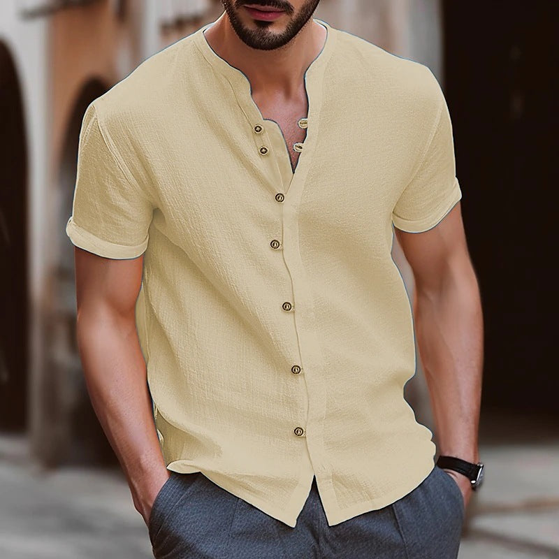 New Fashion Men's Retro Button Cotton and Linen Casual Short Sleeve Shirt