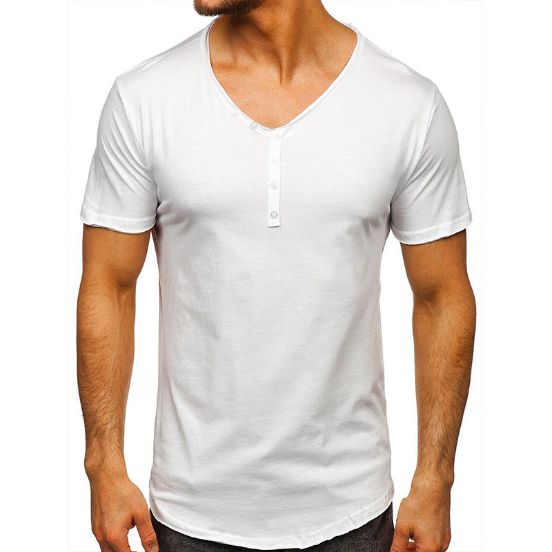 Summer Men's Short Sleeve T-Shirt Clothing V-Neck Henry T-Shirt Men's Tops