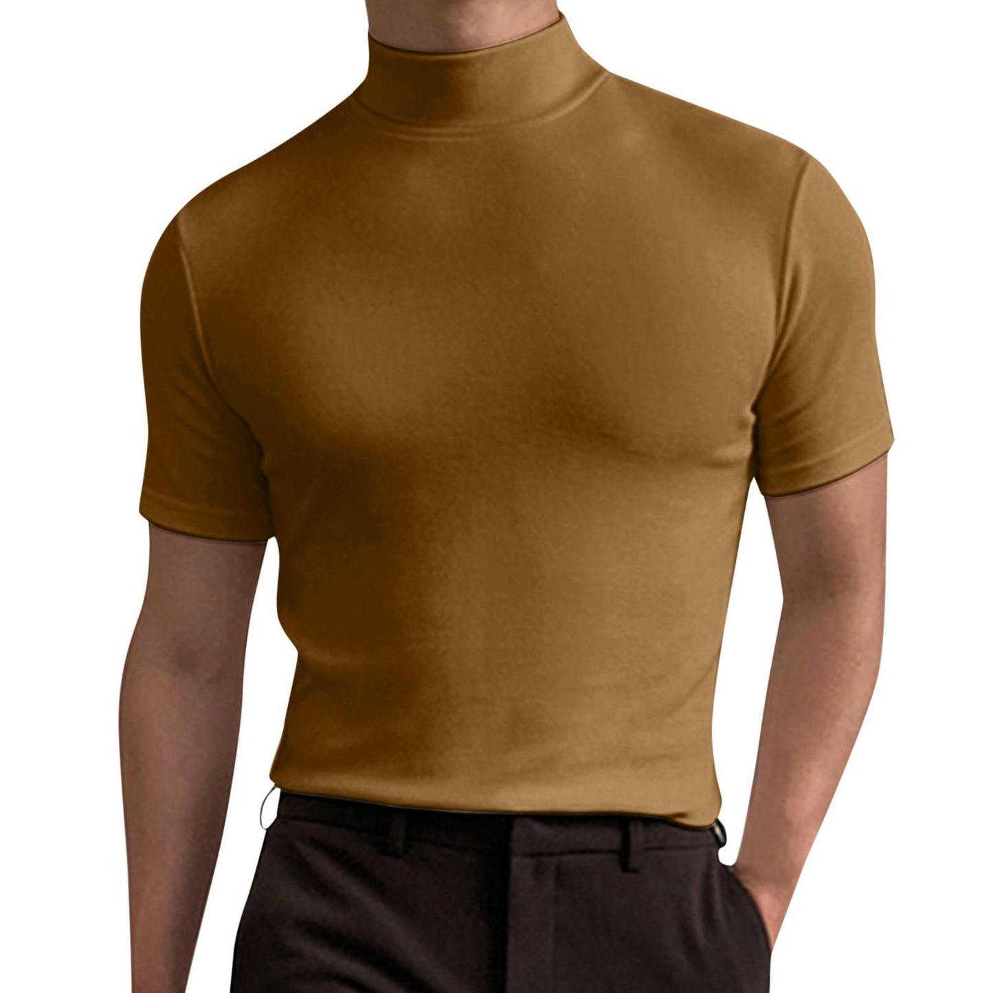 Men's autumn and winter high collar short sleeve T-shirt men's bottoming shirt solid color top